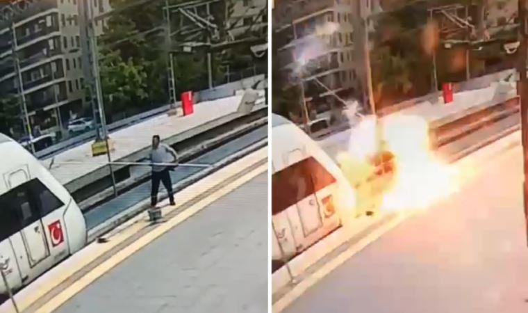 Demiryolundaki yüksek gerilimde bir kova, bir fırça ile temizlik!