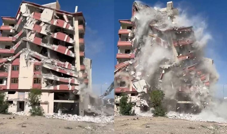 Elazığ’da ağır hasarlı bina, tek dokunuşla yerle bir oldu